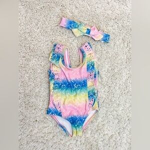 Hurley | Baby Girl Multicolored Mermaid Print Swimsuit‎ & Matching Bow